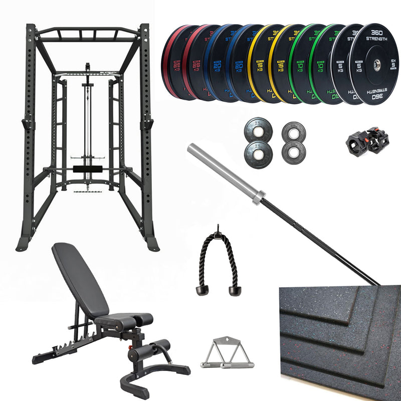 360 Strength Power Rack, Lat Pulldown FID Bench Bumpers Bar Flooring Package