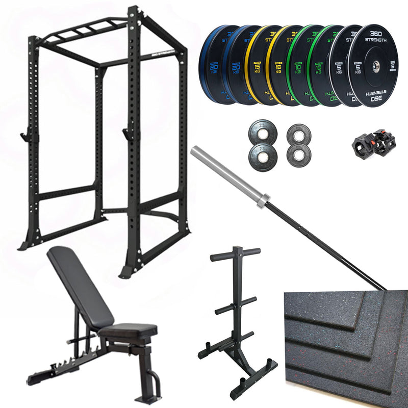 360 Strength Power Rack, FID Bench Bumpers Bar Flooring Storage Package