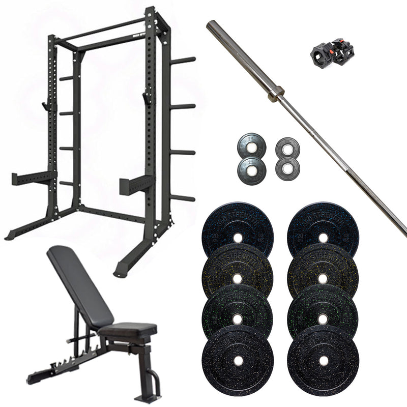 360 Strength Squat Rack, FID Bench & 128kg Bumpers Barbell Package